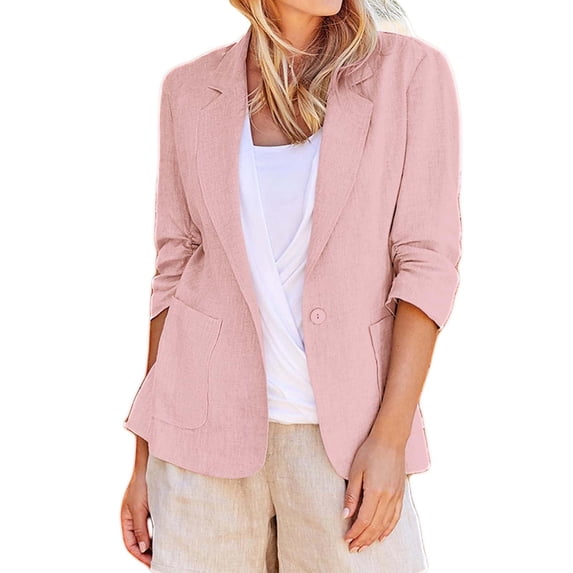 Fmbrln Womens Plus Size Linen Blazers Fashion Lapel Button 3/4 Sleeve Blazers Office Work Jacket with Pockets Pink 4XL