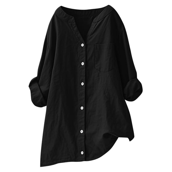 Fmbrln Womens Plus Size Linen Shirts Casual Long Sleeve V Neck Button Work Tops Loose Lightweight Shirts Fall Trendy Blouses Clothes Black 3XL