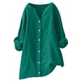thumbnail image 1 of Fmbrln Womens Plus Size Linen Shirts Casual Long Sleeve V Neck Button Work Tops Loose Lightweight Shirts Fall Trendy Blouses Clothes Green 2XL, 1 of 5