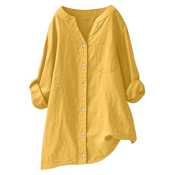 Fmbrln Womens Plus Size Linen Shirts Casual Long Sleeve V Neck Button Work Tops Loose Lightweight Shirts Fall Trendy Blouses Clothes Yellow S