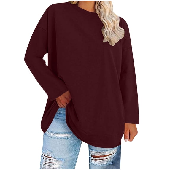 Fmbrln Womens Plus Size Long Sleeve Tops Crew Neck Casual Loose Solid Shirts Soft Comfy Lightweight T-Shirts