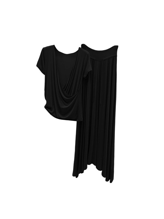 Womens Plus Size Pajama Sets Modal Solid Color Short Sleeved Tops + Skirt 2 Piece Lounge Outfits Comfy Fashion Sleepwear Black L