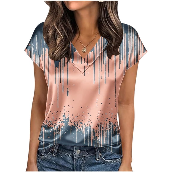 Fmbrln Womens Plus Size Satin Tops Summer Short Sleeve V Neck Shirts Casual Loose Fit Trendy Print Vacation Blouses