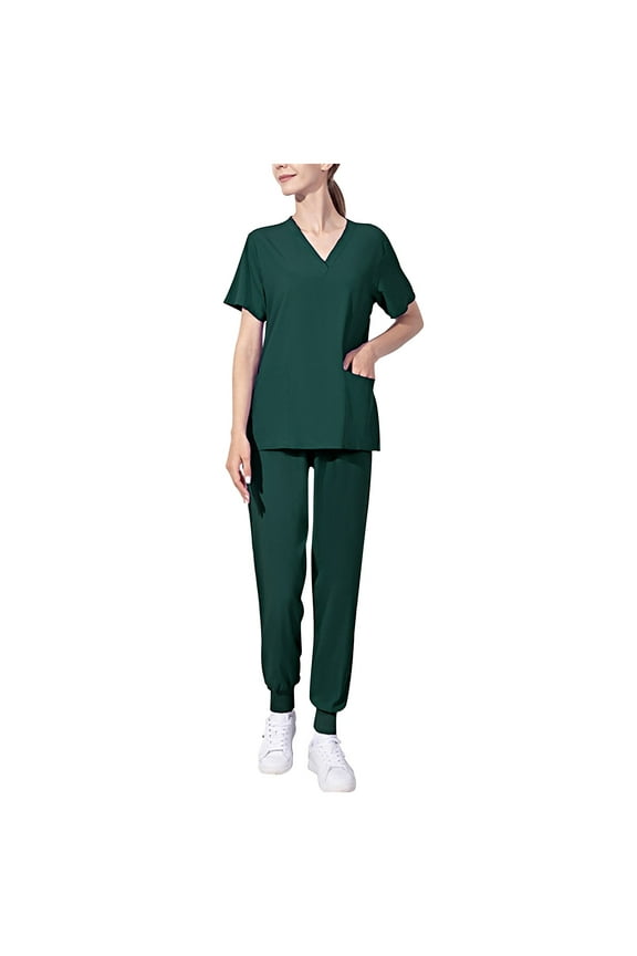 Womens Plus Size Scrubs Sets V Neck Short Sleeve Scrubs Tops and Jogger Pants Sets Lounge Solid Color Nursing Uniform Workwear Sets Army Green 5XL