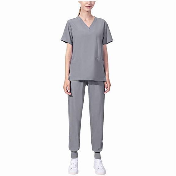 Fmbrln Womens Plus Size Scrubs Sets V Neck Short Sleeve Scrubs Tops and Jogger Pants Sets Lounge Solid Color Nursing Uniform Workwear Sets Gray S