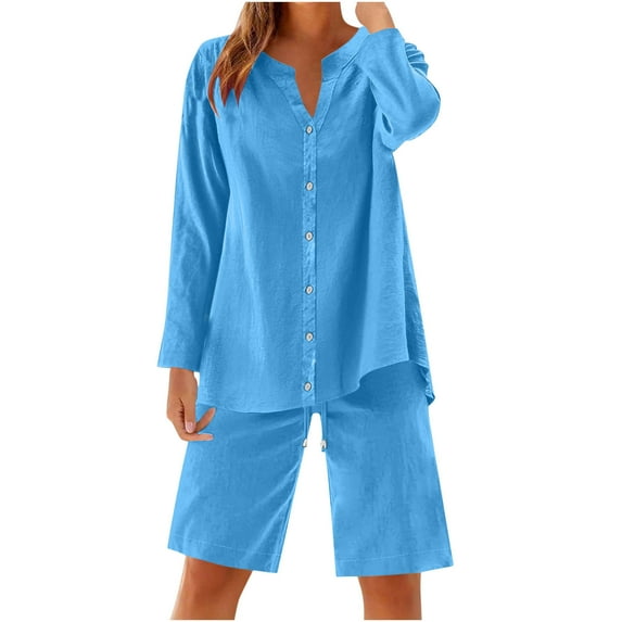 Fmbrln Womens Plus Size Summer 2 Piece Sets Casual V Neck Button Long Sleeeve Shirts Blouse and Drawstring Elastic Waist Shorts Sets Lounge Outfits Sky Blue XL