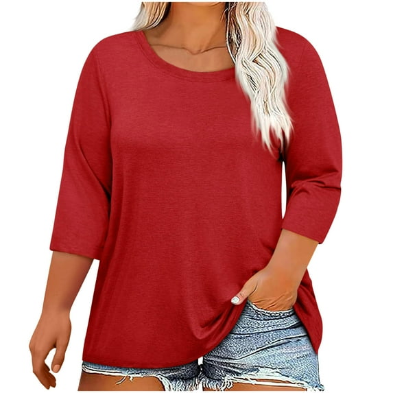 Fmbrln Womens Plus Size Summer 3/4 Sleeve T-Shirts Fashion Crew Neck Solid Color Tops Casual Loose Vacation Beach Comfy Tees