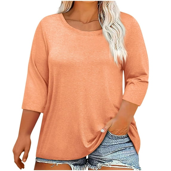 Fmbrln Womens Plus Size Summer 3/4 Sleeve T-Shirts Fashion Crew Neck Solid Color Tops Casual Loose Vacation Beach Comfy Tees
