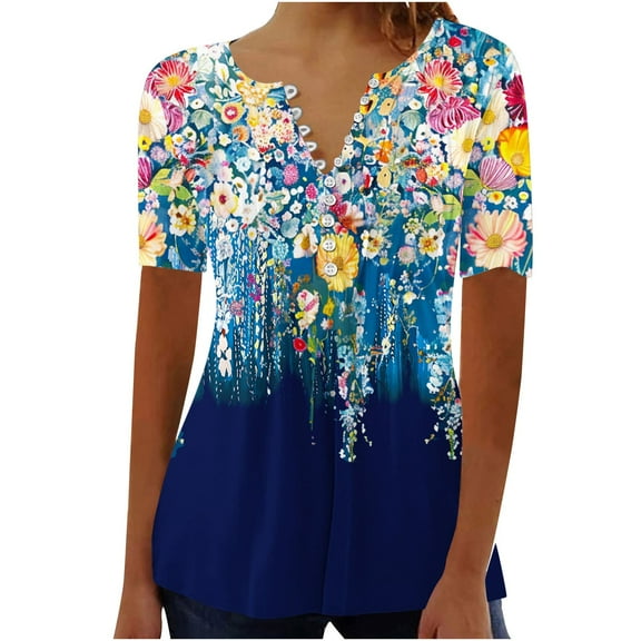 Fmbrln Womens Plus Size Summer Fashion Floral Print Tops Casual Short Sleeve Button V Neck Pleated T-shirts Comfy Loose Blouse Blue 2XL