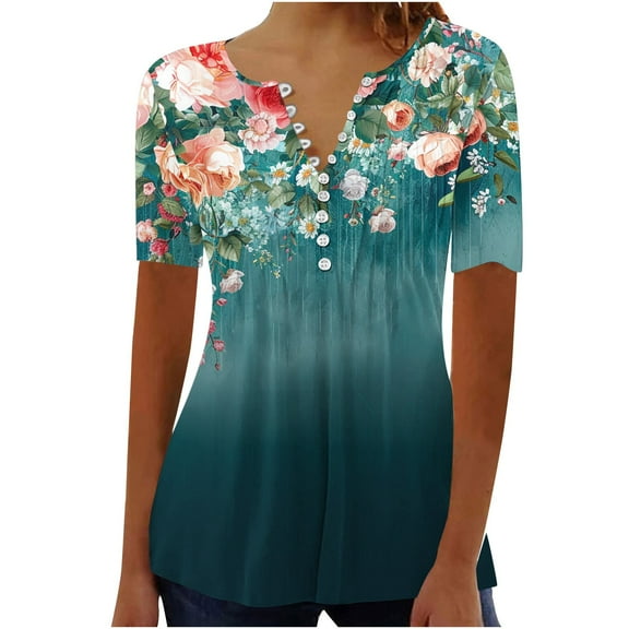 Fmbrln Womens Plus Size Summer Fashion Floral Print Tops Casual Short Sleeve Button V Neck Pleated T-shirts Comfy Loose Blouse Green XL