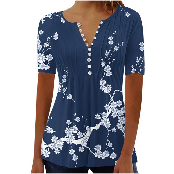 Fmbrln Womens Plus Size Summer Fashion Floral Print Tops Casual Short Sleeve Button V Neck Pleated T-shirts Comfy Loose Blouse Navy M