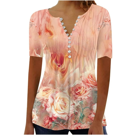Fmbrln Womens Plus Size Summer Fashion Floral Print Tops Casual Short Sleeve Button V Neck Pleated T-shirts Comfy Loose Blouse Orange M