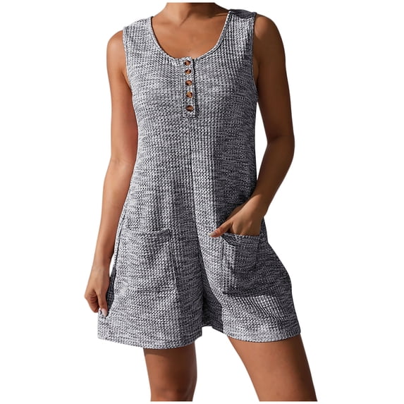 Fmbrln Womens Plus Size Summer Knit Short Jumpsuits Casual Loose Sleeveless Crew Neck Button Tank Rompers with Pockets Gray 4XL