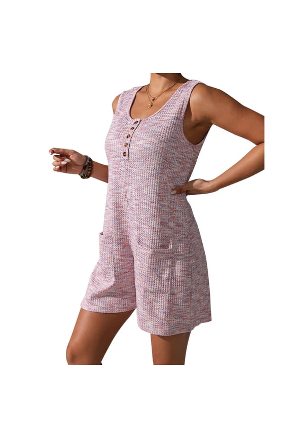 Womens Plus Size Summer Knit Short Jumpsuits Casual Loose Sleeveless Crew Neck Button Tank Rompers with Pockets Pink 2XL