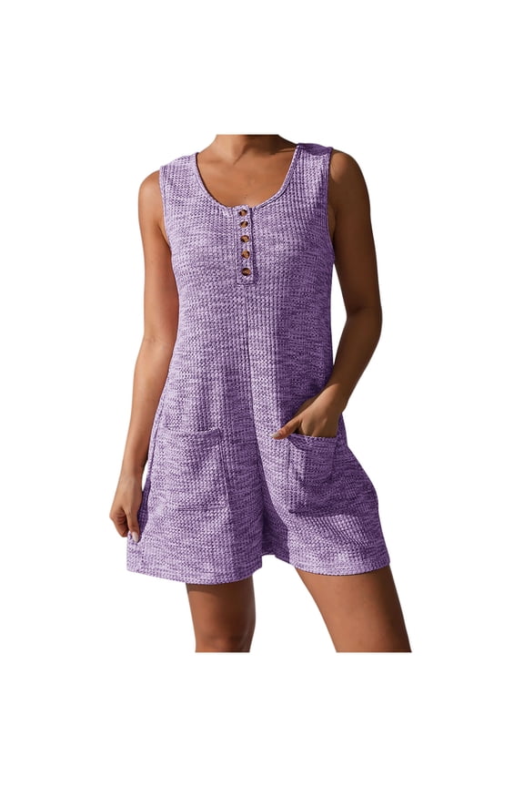 Womens Plus Size Summer Knit Short Jumpsuits Casual Loose Sleeveless Crew Neck Button Tank Rompers with Pockets Purple 2XL