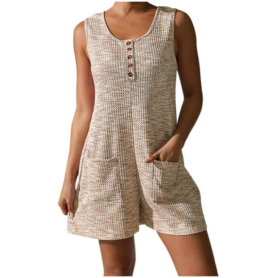 Fmbrln Womens Plus Size Summer Knit Short Jumpsuits Casual Loose Sleeveless Crew Neck Button Tank Rompers with Pockets Yellow 3XL