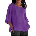 thumbnail image 1 of Fmbrln Womens Plus Size Summer Linen 3/4 Sleeve Tops Casual Crew Neck T-Shirts Fashion Front Pleated Side Slit Hem Solid Color Tees Blouse Purple XL, 1 of 5