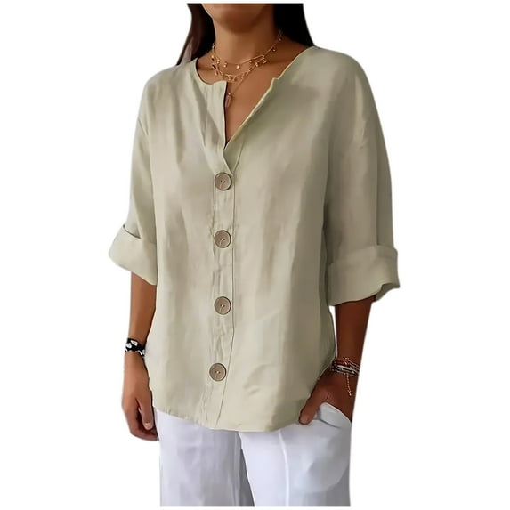 Fmbrln Womens Plus Size Summer Linen 3/4 Sleeve Tops Fashion Casual V Neck Button Solid Color Shirts Business Office Blouse Beige XL