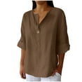 thumbnail image 1 of Fmbrln Womens Plus Size Summer Linen 3/4 Sleeve Tops Fashion Casual V Neck Button Solid Color Shirts Comfy Loose Blouse Brown M, 1 of 5