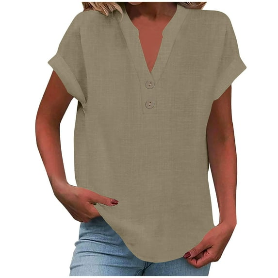 Fmbrln Womens Plus Size Summer Linen Short Sleeve T-Shirts Fashion V Neck Button Solid Color Tops Casual Loose Comfy Tees