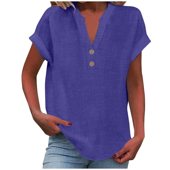 Fmbrln Linen Shirts for Women Summer Plus Size Short Sleeve Button V Neck Tops Fashion Casual Loose Blouses