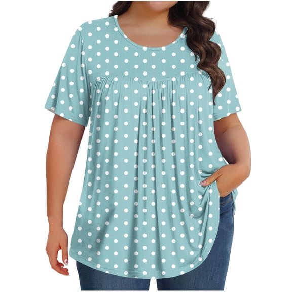 Fmbrln Womens Plus Size Summer Polka Print Short Sleeve Tops Fashion Crew Neck Pleated T-Shirts Casual Loose Vacation Beach Tees Blouse