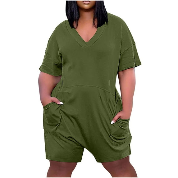Fmbrln Womens Plus Size Summer Rompers Casual Loose Short Sleeve V Neck Back Zipper Solid Color Short Jumpsuits with Pockets Army Green XL