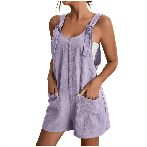Fmbrln Womens Plus Size Summer Rompers Casual Loose Sleeveless Crew Neck Solid Color Short Jumpsuits with Pockets 2025 Beach Vacation Outfits Purple M