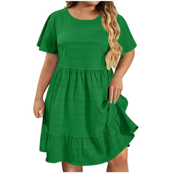 Fmbrln Womens Plus Size Summer Short Sleeve Dress Fashion Crew Neck Tiered Ruffle Mini Dress Casual Loose Solid Color Beach Sundress