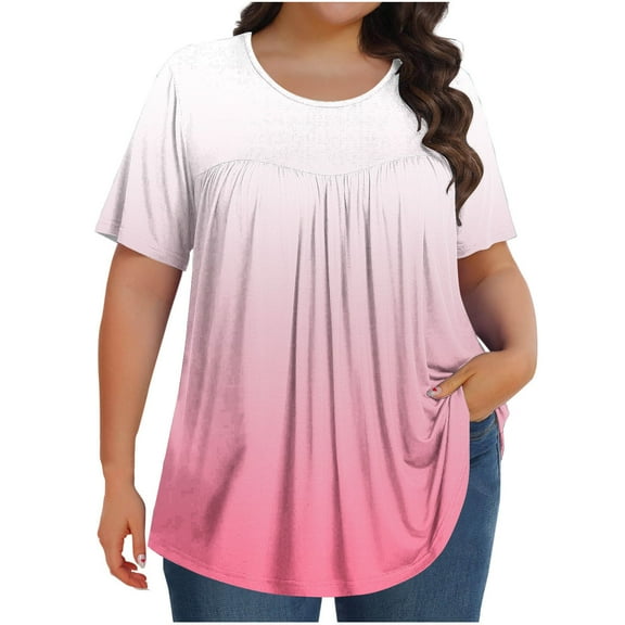 Fmbrln Womens Plus Size Summer Short Sleeve T-Shirts Fashion Crew Neck Pleated Tops Casual Loose Gradient Color Vacation Beach Tees Blouse