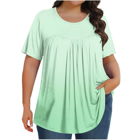 Fmbrln Womens Plus Size Summer Short Sleeve T-Shirts Fashion Crew Neck Pleated Tops Casual Loose Gradient Color Vacation Beach Tees Blouse