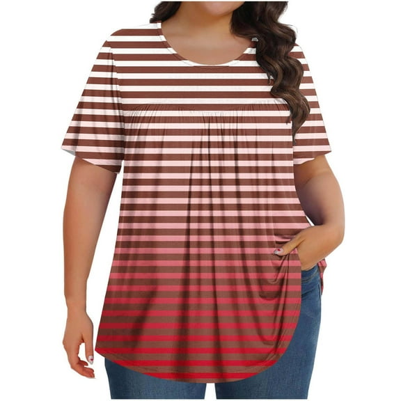 Fmbrln Womens Plus Size Summer Short Sleeve T-Shirts Fashion Crew Neck Pleated Tops Casual Loose Stripe Print Vacation Beach Tees Blouse