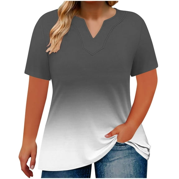 Fmbrln Womens Plus Size Summer Short Sleeve T-Shirts Fashion V Neck Gradient Color Tops Casual Loose Vacation Beach Tees Blouse