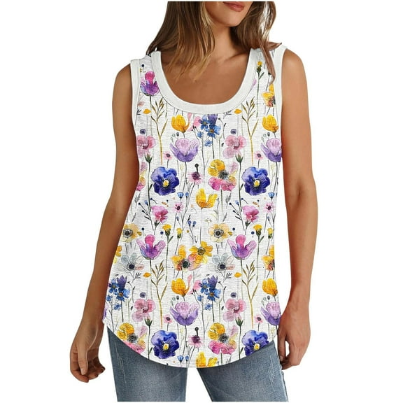 Fmbrln Womens Plus Size Summer Sleeveless Crew Neck Tank Tops Casual Loose Floral Print T-Shirts Lightweight Comfy Beach Tees Multicolor S