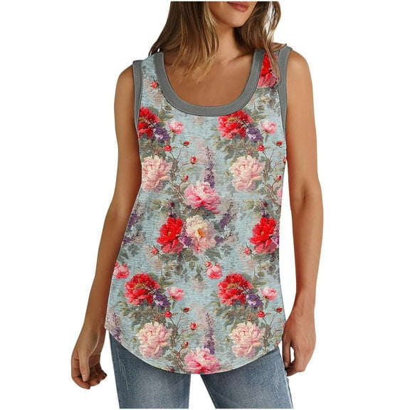Fmbrln Womens Plus Size Summer Sleeveless Crew Neck Tank Tops Casual Loose Floral Print T-Shirts Lightweight Comfy Beach Tees Multicolor XL