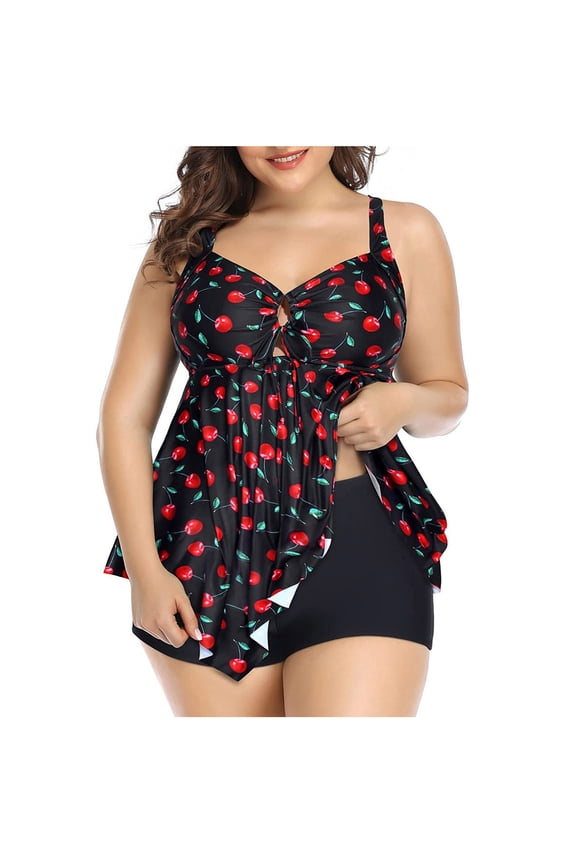 Womens Plus Size Tankini Swimsuits Fashion V Neck Loose Fit Two Piece Bathing Suit Flowy Swim Tank Tops with Shorts