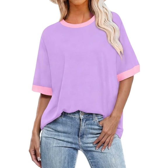 Fmbrln Womens Plus Size Tops Short Sleeve Crew Neck T-shirts Summer Casual Loose Color Block Tees Blouse
