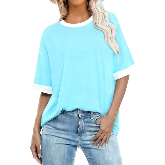 Fmbrln Womens Plus Size Tops Short Sleeve Crew Neck T-shirts Summer Casual Loose Color Block Tees Blouse