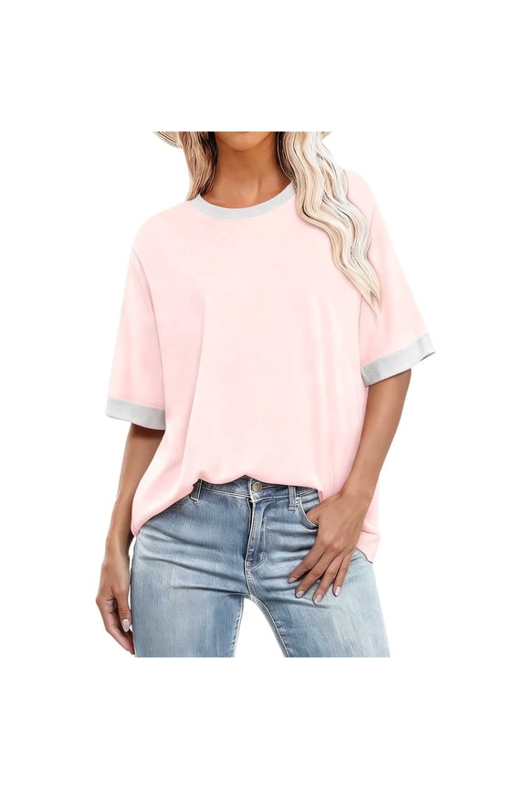 Womens Plus Size Tops Short Sleeve Crew Neck T-shirts Summer Casual Loose Color Block Tees Blouse