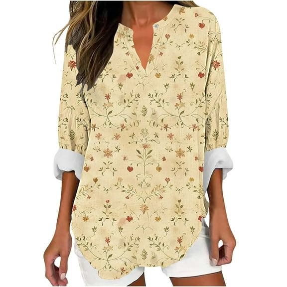 Fmbrln Womens Plus Size Trendy Boho Print Shirts Fall Fashion V Neck Button Long Sleeve Tops Casual Loose Comfy Blouse Yellow S