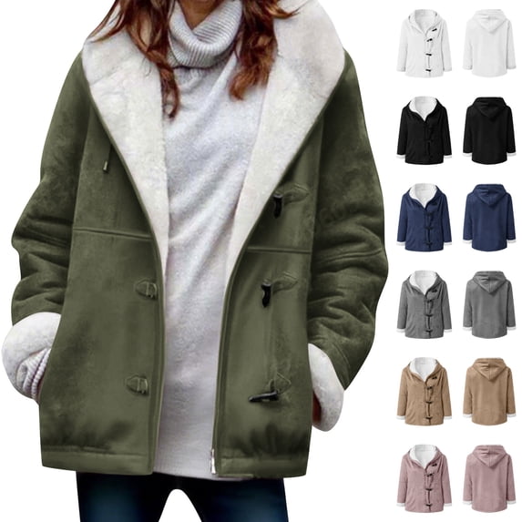 Fmbrln Womens Plus Size Winter Fleece Jackets Long Sleeve Button Down Thickened Warm Hooded Coat with Pockets