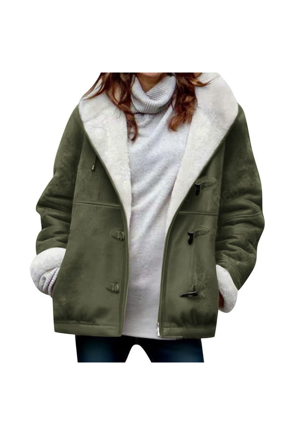Womens Plus Size Winter Fleece Jackets Long Sleeve Button Down Thickened Warm Hooded Coat with Pockets