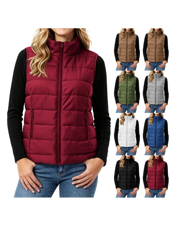 Womens Puffer Vest Zip Up Sleeveless Lightweight Jacket Fall Winter Stand Collar Comfy Trendy Outerwear with Pocket Navy M
