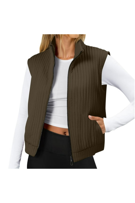Womens Quilted Vest Full Zip Up Stand Collar Sleeveless Quilted Jackets Fall Winter Fashion Lightweight Warm Coat with Pockets