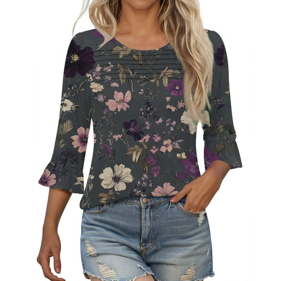 Fmbrln Womens Ruffle 3/4 Sleeve Blouse Fashion Crew Neck Front Pleated Tops Casual Loose Floral Print T-Shirts Multicolor M