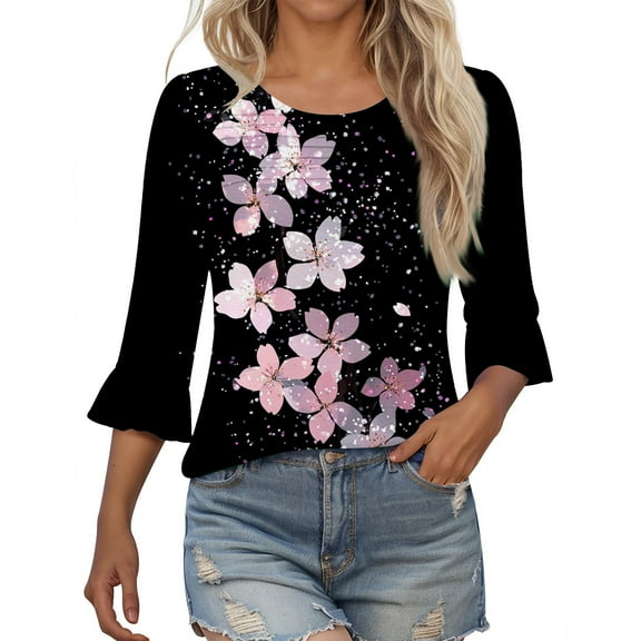 Fmbrln Womens Ruffle 3/4 Sleeve Blouse Fashion Crew Neck Front Pleated Tops Casual Loose Floral Print T-Shirts Multicolor S
