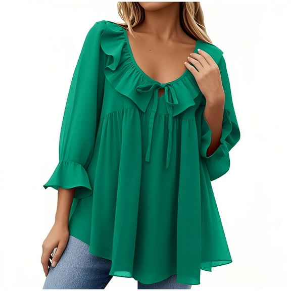 Fmbrln Womens Ruffle 3/4 Sleeve Blouse Fashion V Neck Lacing Tiered Solid Color Tops Casual Office Business Work Shirts Green S