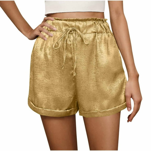 Fmbrln Womens Sequin Shiny Wide Leg Shorts Summer Casual Holiday Beach Shorts Elastic Waist Drawstring Shorts with Pockets