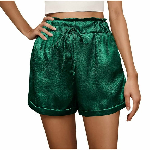 Fmbrln Womens Sequin Shiny Wide Leg Shorts Summer Casual Holiday Beach Shorts Elastic Waist Drawstring Shorts with Pockets