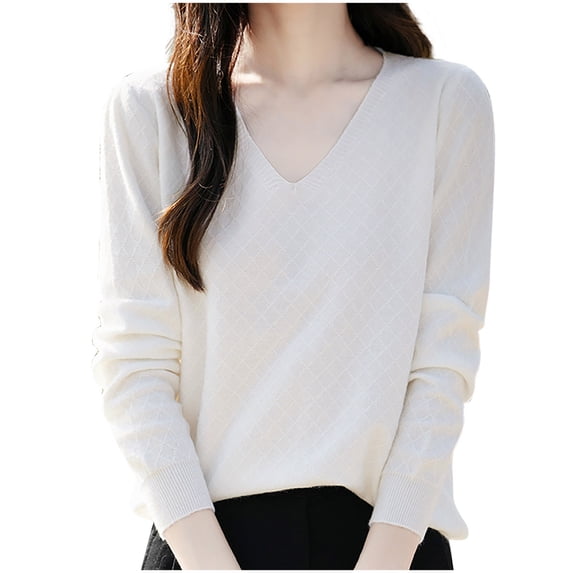 Fmbrln Womens Solid Basic Knitted Sweaters Fall Winter Fashion Long Sleeve V Neck Sweaters Tops Casual Loose Comfy Pullover Sweaters Beige S
